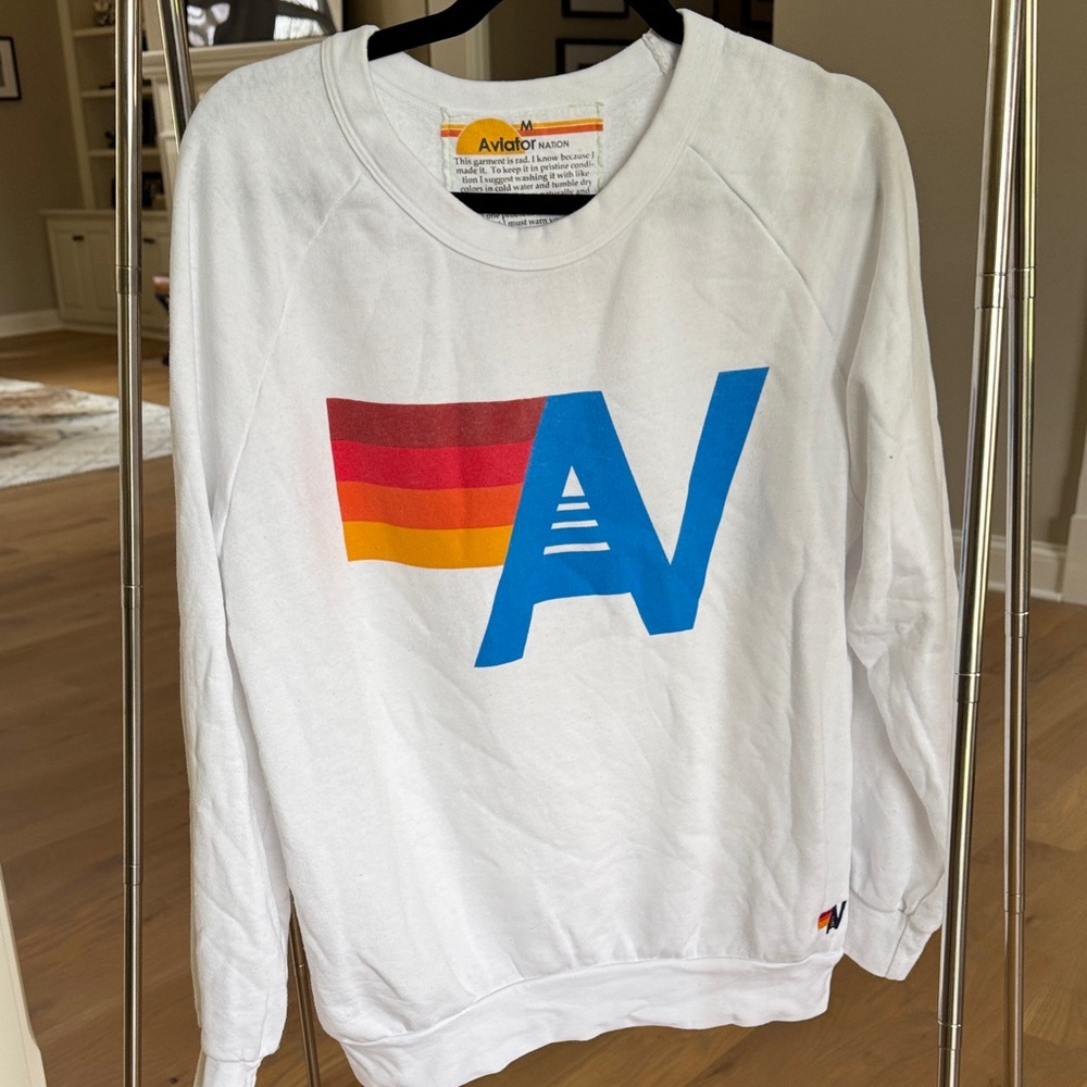 Aviator Nation White Crewneck with Blue and Red Logo